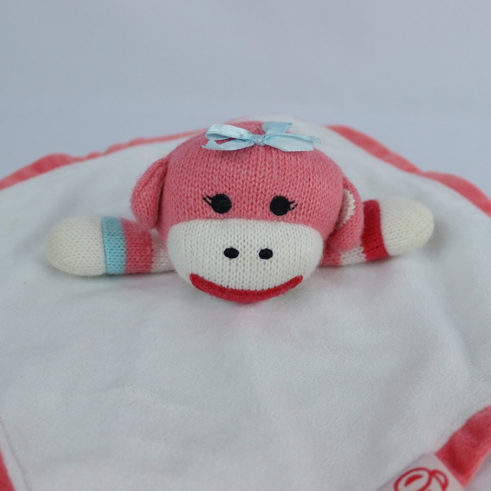 Baby Starters 12" Sock Monkey Security Blanket Lovey Rattle Pink Stripes - Picture 2 of 9